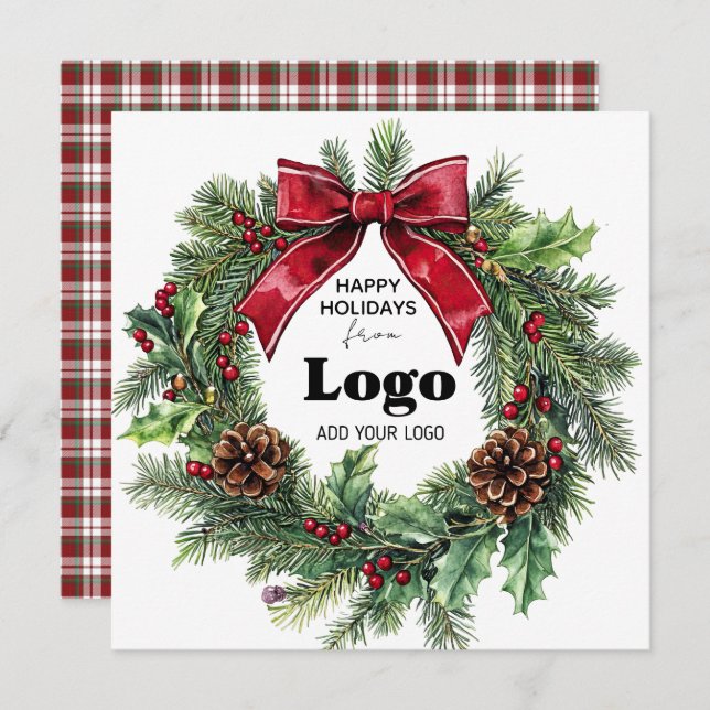 Tarjeta Festiva Happy Holidays Wreath Business Logo Bulk Custumer (Anverso / Reverso)