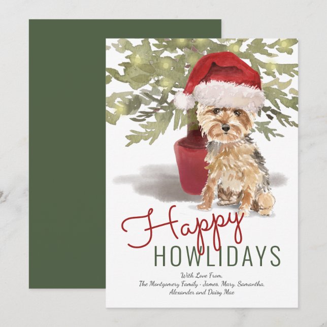 Tarjeta Festiva Happy Howlidays Cute Watercolor Yorkshire Terrier (Anverso / Reverso)