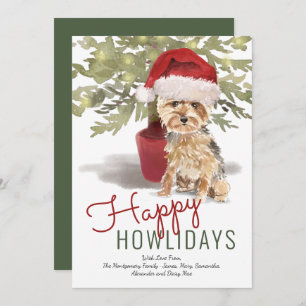 Tarjeta Festiva Happy Howlidays Cute Watercolor Yorkshire Terrier