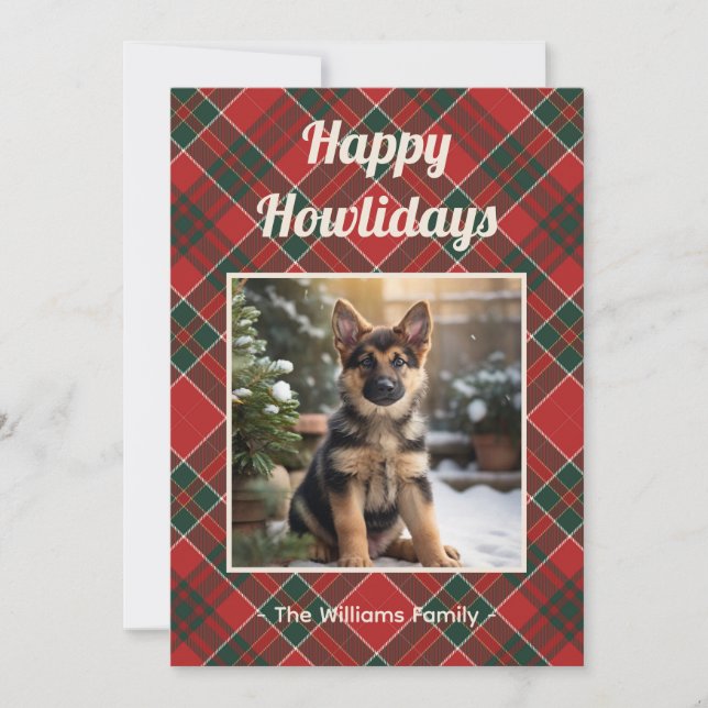 Tarjeta Festiva Happy Howlidays Dog Red Green Plaid Christmas (Anverso)