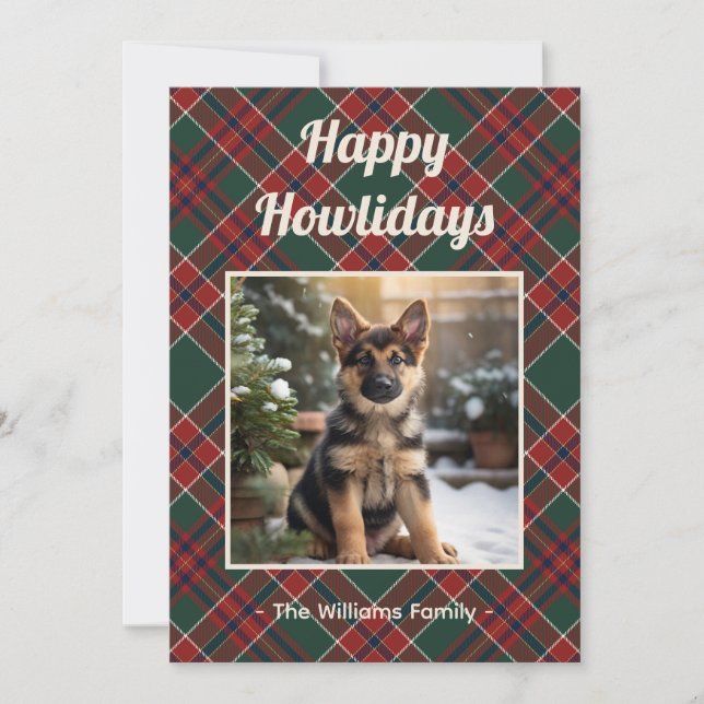 Tarjeta Festiva Happy Howlidays Dog Red Green Plaid Christmas (Anverso)