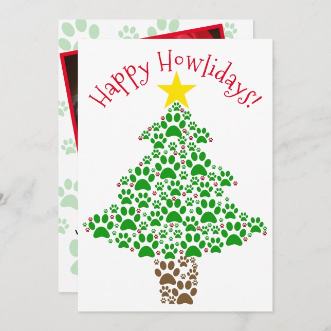 Tarjeta Festiva Happy Howlidays Fun Paw Print Christmas Tree Photo (Anverso / Reverso)
