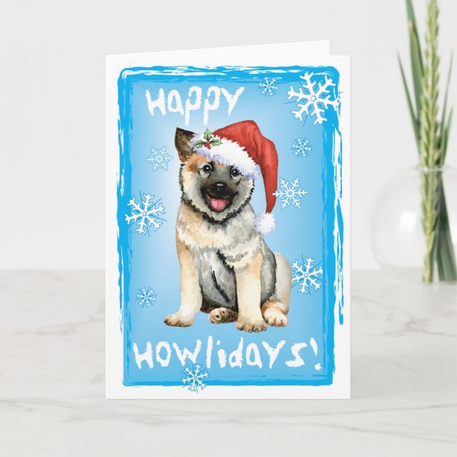 Tarjeta Festiva Happy Howlidays Norwegian Elkhound Holiday Card (Anverso)