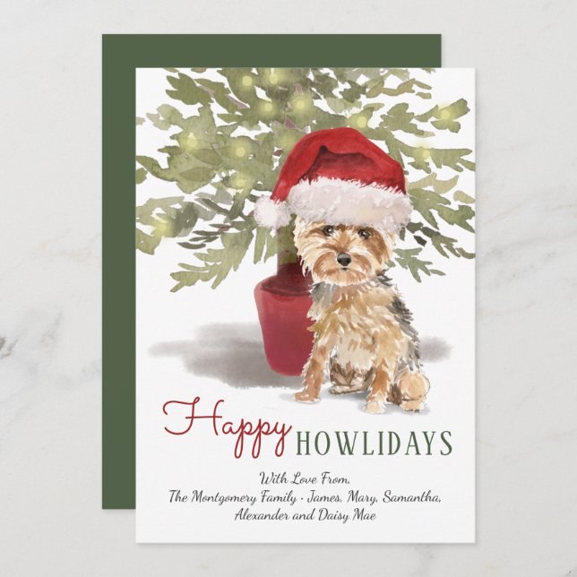 Tarjeta Festiva Happy Howlidays Yorkshire Terrier Watercolor (Anverso / Reverso)