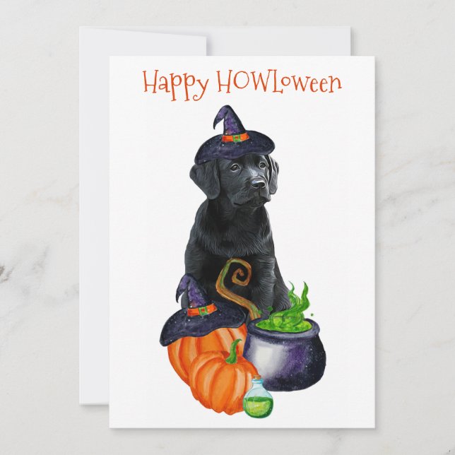Tarjeta Festiva Happy HOWLoween Cute Black Labrador Perro de cacho (Anverso)
