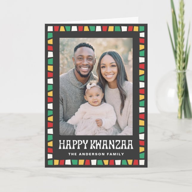 Tarjeta Festiva Happy Kwanzaa red green yellow mosaic border photo (Anverso)