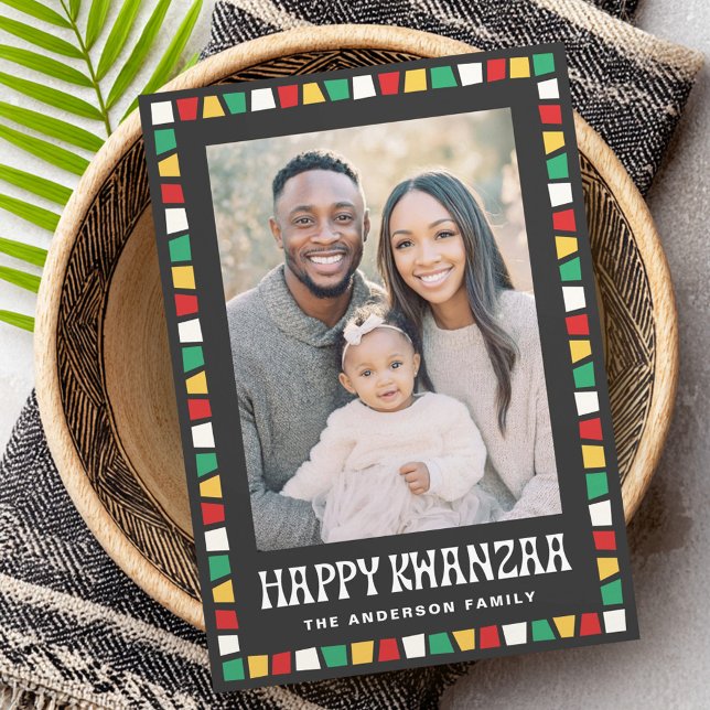 Tarjeta Festiva Happy Kwanzaa red green yellow mosaic border photo (Happy Kwanzaa red green yellow mosaic border photo Holiday Card)