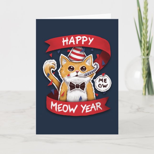 Tarjeta Festiva Happy Meow Year - Chat Bonne Année  (Anverso)