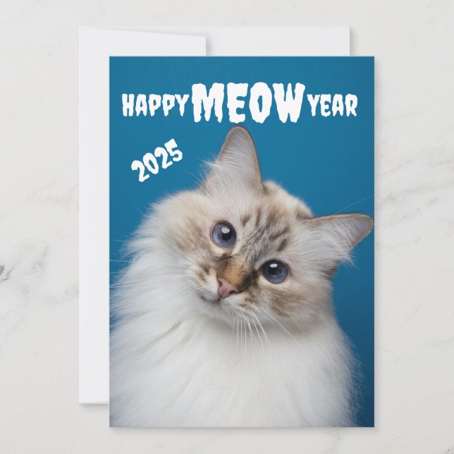Tarjeta Festiva Happy MEOW Year Cute cat Holiday card (Anverso)