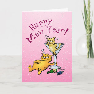 Tarjeta Festiva Happy Mew Year Funny Cocktail Kitten Card