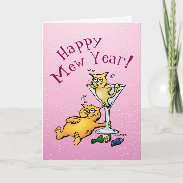 Tarjeta Festiva Happy Mew Year Funny Cocktail Kitten Card (Anverso)
