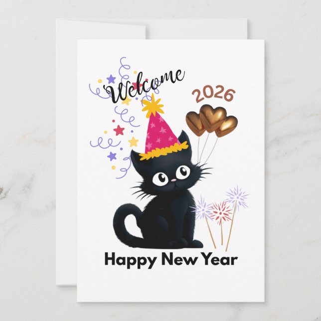 Tarjeta Festiva Happy New Year 2026 Black Cat Card  (Anverso)