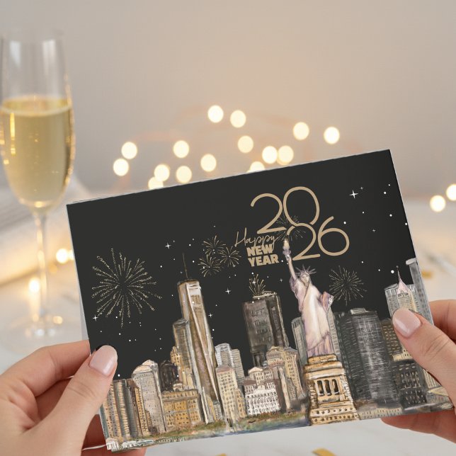 Tarjeta Festiva Happy New Year 2026! NYC Skyline | Gold Fireworks ( Happy New Year 2026! NYC Skyline _ Gold Fireworks Holiday Card )
