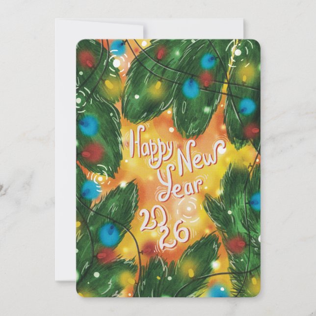 Tarjeta Festiva Happy New Year 2026 Pine Branches & Lights (Anverso)