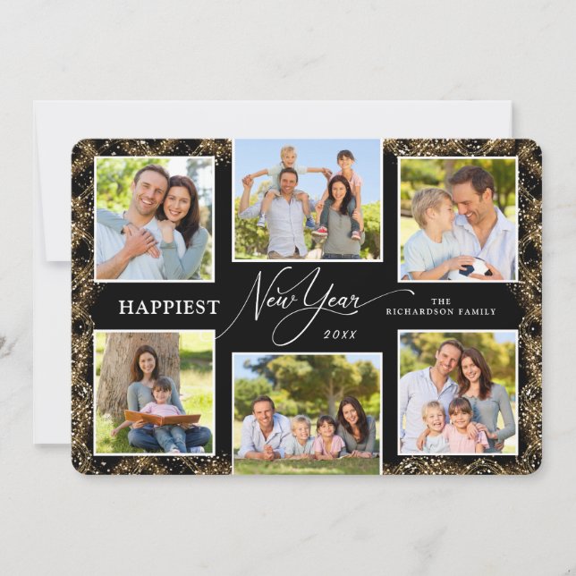 Tarjeta Festiva Happy New Year 6 Photos Faux Glitter (Anverso)