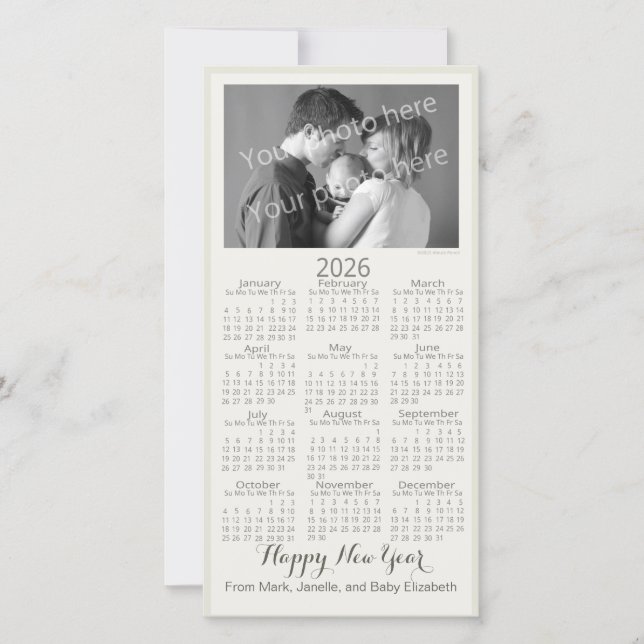 Tarjeta Festiva Happy New Year Elegant 2026 Calendar Your Photo (Anverso)