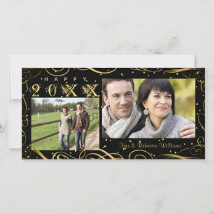 Tarjeta Festiva Happy New Year, Elegant Black and Gold Scroll