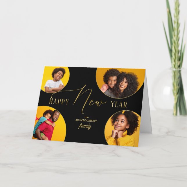 Tarjeta Festiva Happy New Year Four Photo Faux Gold Leaf (Anverso)