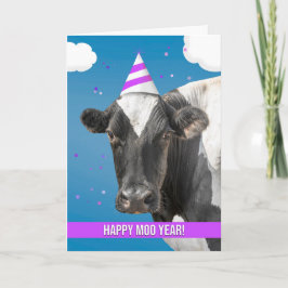 Tarjeta Festiva Happy New Year Funny Cow Wearing Party Hat Humor 