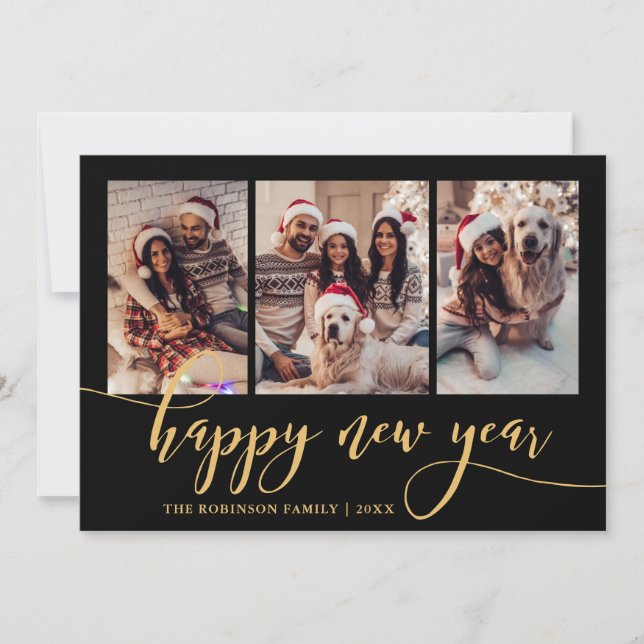 Tarjeta Festiva Happy New Year Gold Script 3 Photo Collage Black  (Anverso)