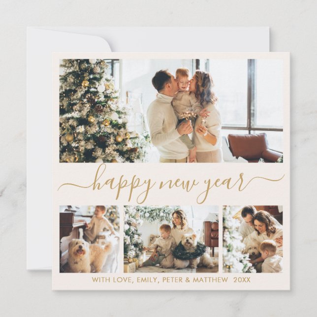 Tarjeta Festiva Happy New Year Gold Script 4 Photo Collage Neutral (Anverso)