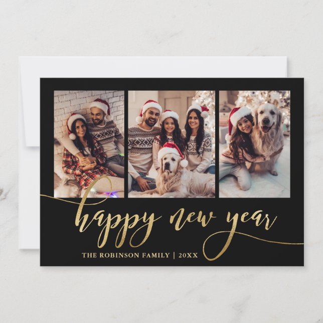 Tarjeta Festiva Happy New Year Gold Script Black 3 Photo Collage  (Anverso)