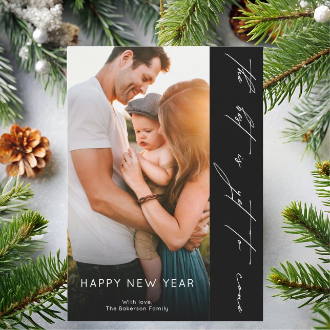 Tarjeta Festiva Happy New Year Handwritten Script Black Photo (Subido por el creador)