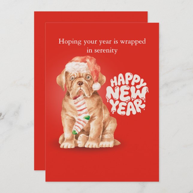 Tarjeta Festiva Happy new year holiday cards dog festive red (Anverso / Reverso)