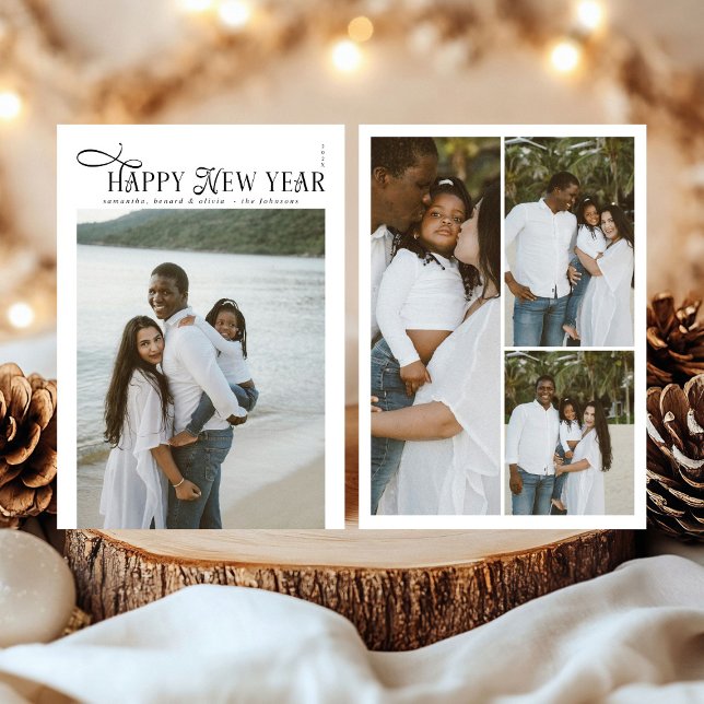 Tarjeta Festiva Happy New Year Modern Chic Family 4 Photos Collage (Subido por el creador)