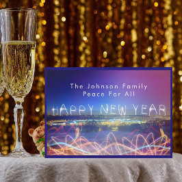 Tarjeta Festiva Happy New Year Over City Lights & Confetti Card