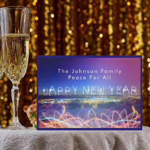 Tarjeta Festiva Happy New Year Over City Lights & Confetti Card