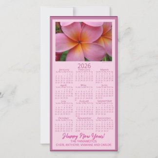 Tarjeta Festiva Happy New Year Pink Plumeria Flower 2026 Calendar