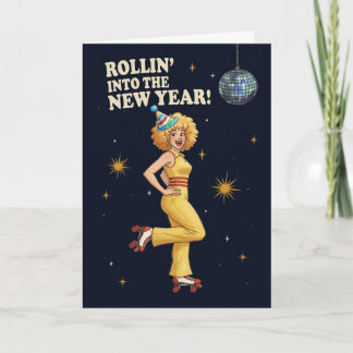 Tarjeta Festiva Happy New Year Retro Disco Roller Skating Woman 