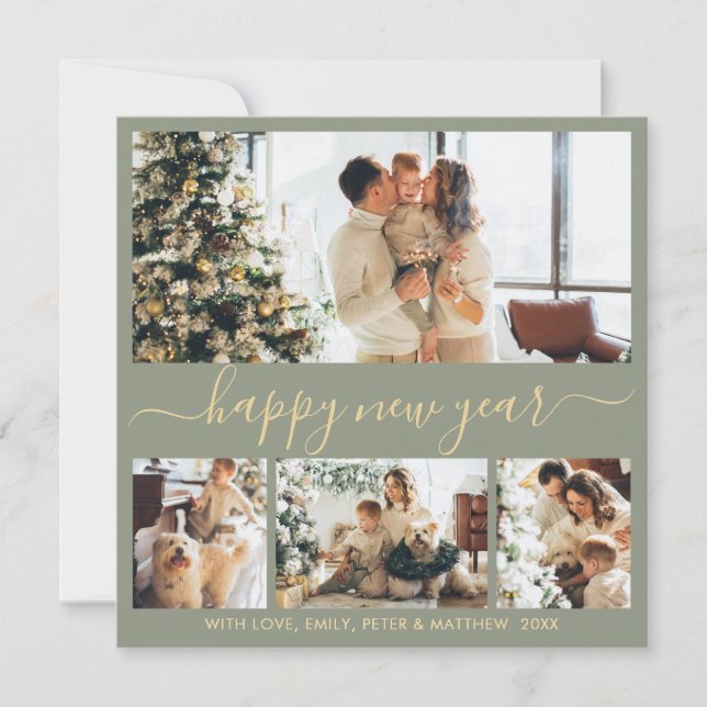 Tarjeta Festiva Happy New Year Script 4 Photo Collage Sage Green (Anverso)