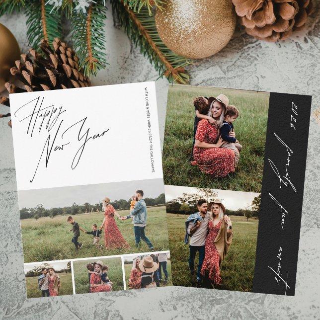 Tarjeta Festiva Happy New Year Script 6-Photo Collage Family (Subido por el creador)