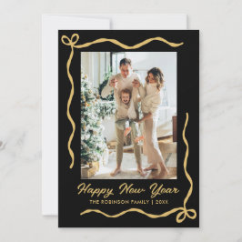 Tarjeta Festiva Happy New Year Script Black Gold Gold Bow 2 Photo