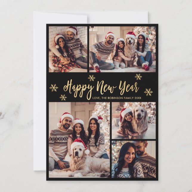 Tarjeta Festiva Happy New Year Snowflake Black Gold Photo Collage  (Anverso)