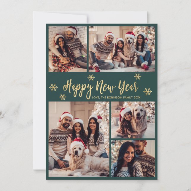 Tarjeta Festiva Happy New Year Snowflake Green Gold Photo Collage (Anverso)