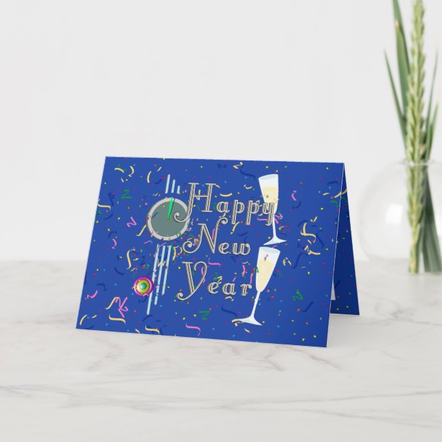 Tarjeta Festiva Happy New Year With Champagne & Confetti (Anverso)