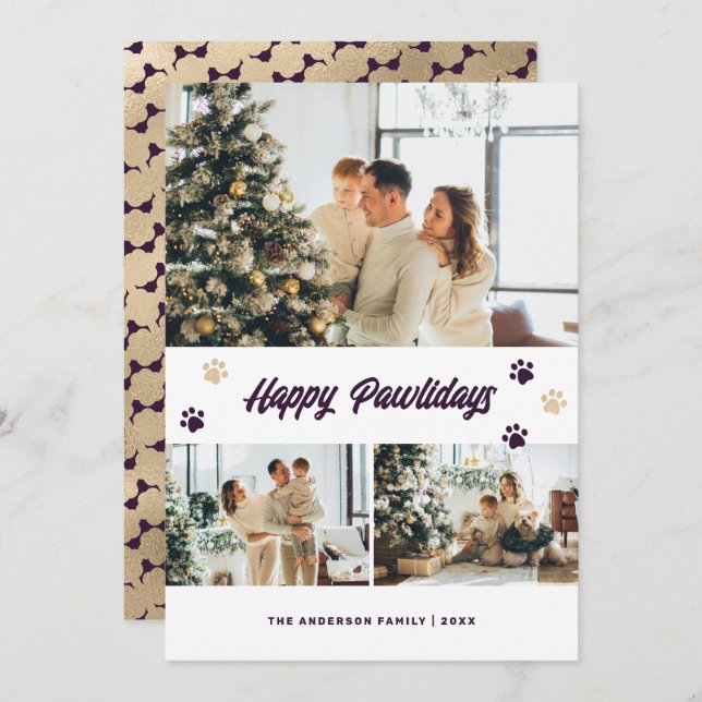 Tarjeta Festiva Happy Pawlidays Modern Purple Gold Photo (Anverso / Reverso)