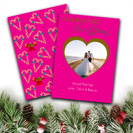 Tarjeta Festiva Happy Pink Just Married Christmas Custom Photo