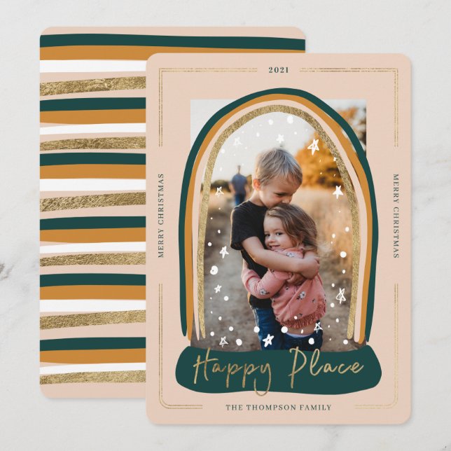 Tarjeta Festiva Happy Place Modern Snow Globe Navidades Photo (Anverso / Reverso)