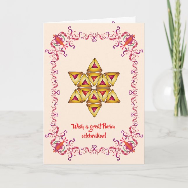 Tarjeta Festiva Happy Purim Festival Galletas Hamantaschen Vintage (Anverso)