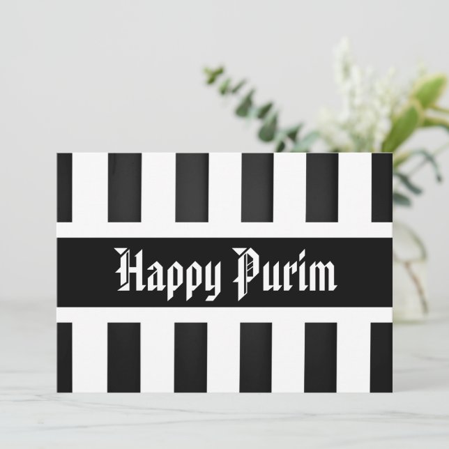 Tarjeta Festiva Happy Purim Flat Greet Card Stripe Black White (Anverso de pie)
