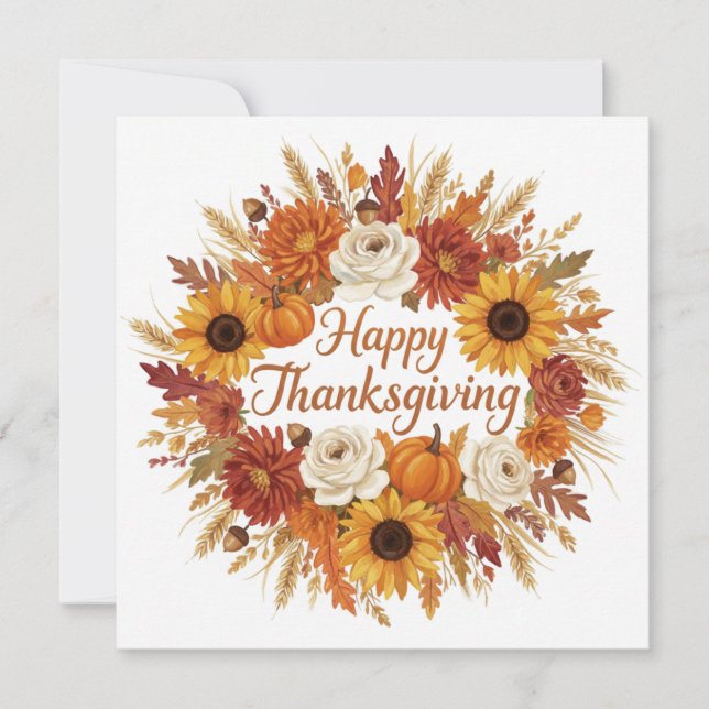 Tarjeta Festiva Happy Thanksgiving Watercolor Autumn Floral Wreath (Anverso)