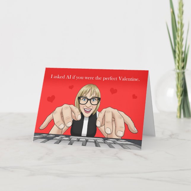 Tarjeta Festiva Happy Valentines Day AI Humor Woman Typing (Anverso)