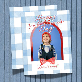Tarjeta Festiva Happy Valentine's Day Arch Photo Blue Gingham Card