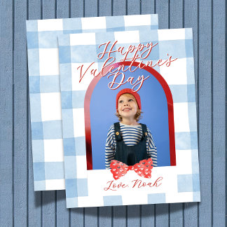 Tarjeta Festiva Happy Valentine's Day Arch Photo Blue Gingham Card