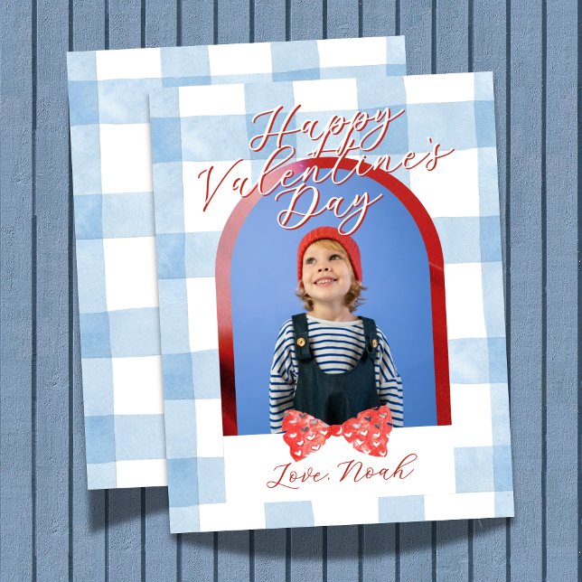 Tarjeta Festiva Happy Valentine's Day Arch Photo Blue Gingham Card (Send heart day greetings with this Happy Valentine's Day Arch Photo Blue Gingham Holiday Card! )