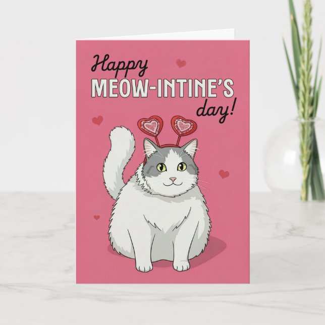 Tarjeta Festiva Happy Valentines Day Cute Cat With Heart Headband (Anverso)